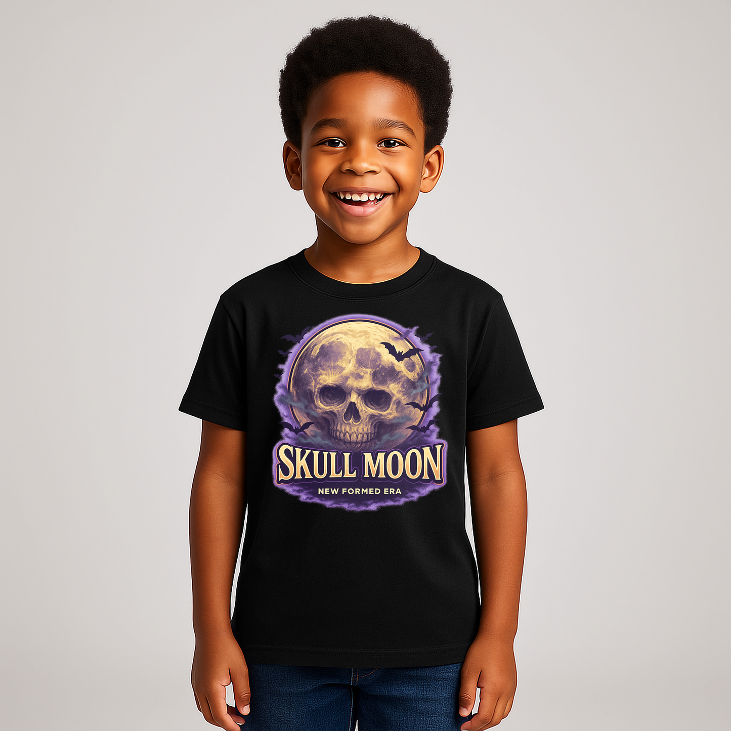 Skull Moon Kids Halloween T-Shirt by New Formed Era | Spooky Skeleton Night Graphic Tee