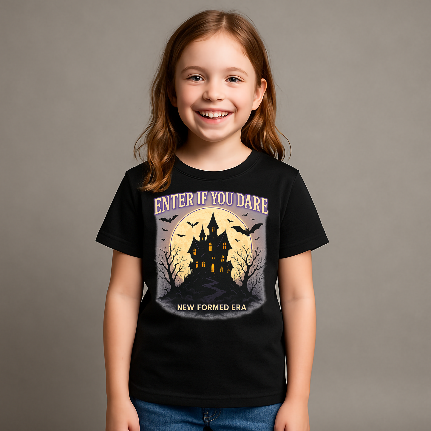 Enter If You Dare Kids Halloween T-Shirt by New Formed Era | Haunted House Spooky Graphic Tee