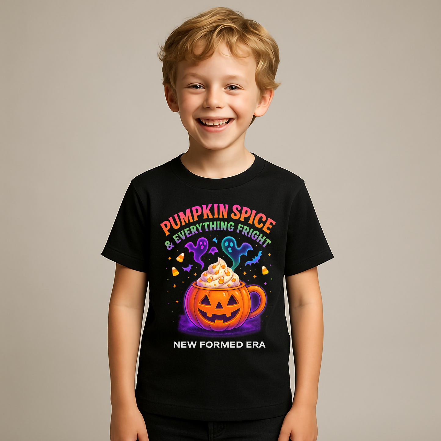 Pumpkin Spice & Everything Fright Kids Halloween T-Shirt by New Formed Era | Cute Spooky Fall Tee