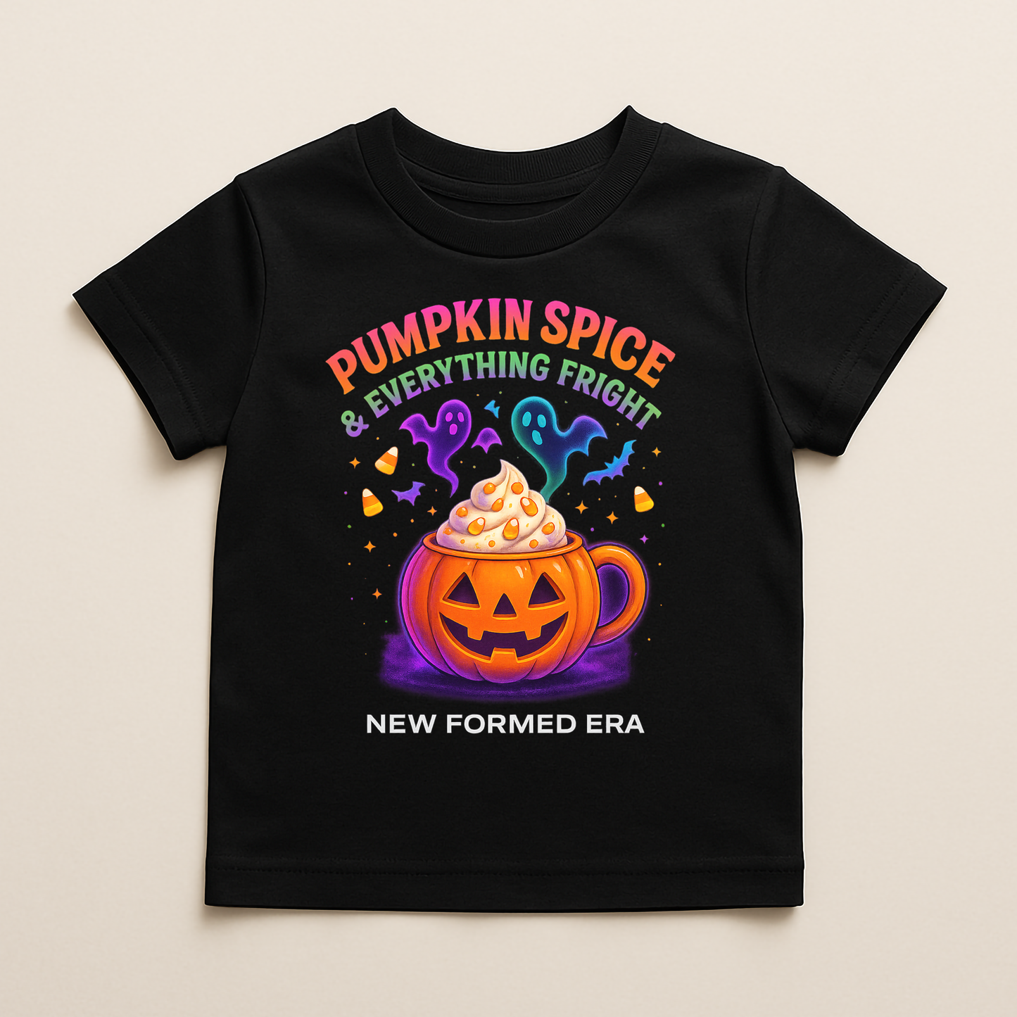 Pumpkin Spice & Everything Fright Kids Halloween T-Shirt by New Formed Era | Cute Spooky Fall Tee