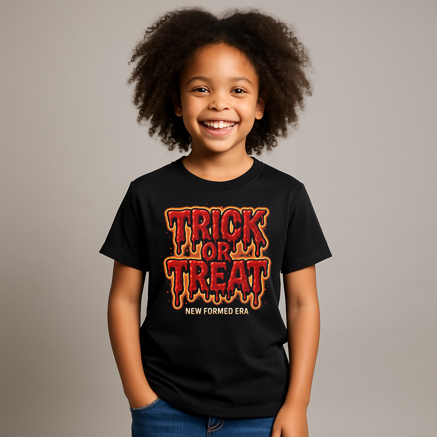 Trick or Treat Kids Halloween T-Shirt by New Formed Era | Minimalist Text Graphic Tee