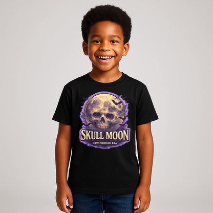 Skull Moon Kids Halloween T-Shirt by New Formed Era | Spooky Skeleton Night Graphic Tee
