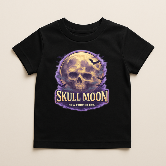 Skull Moon Kids Halloween T-Shirt by New Formed Era | Spooky Skeleton Night Graphic Tee