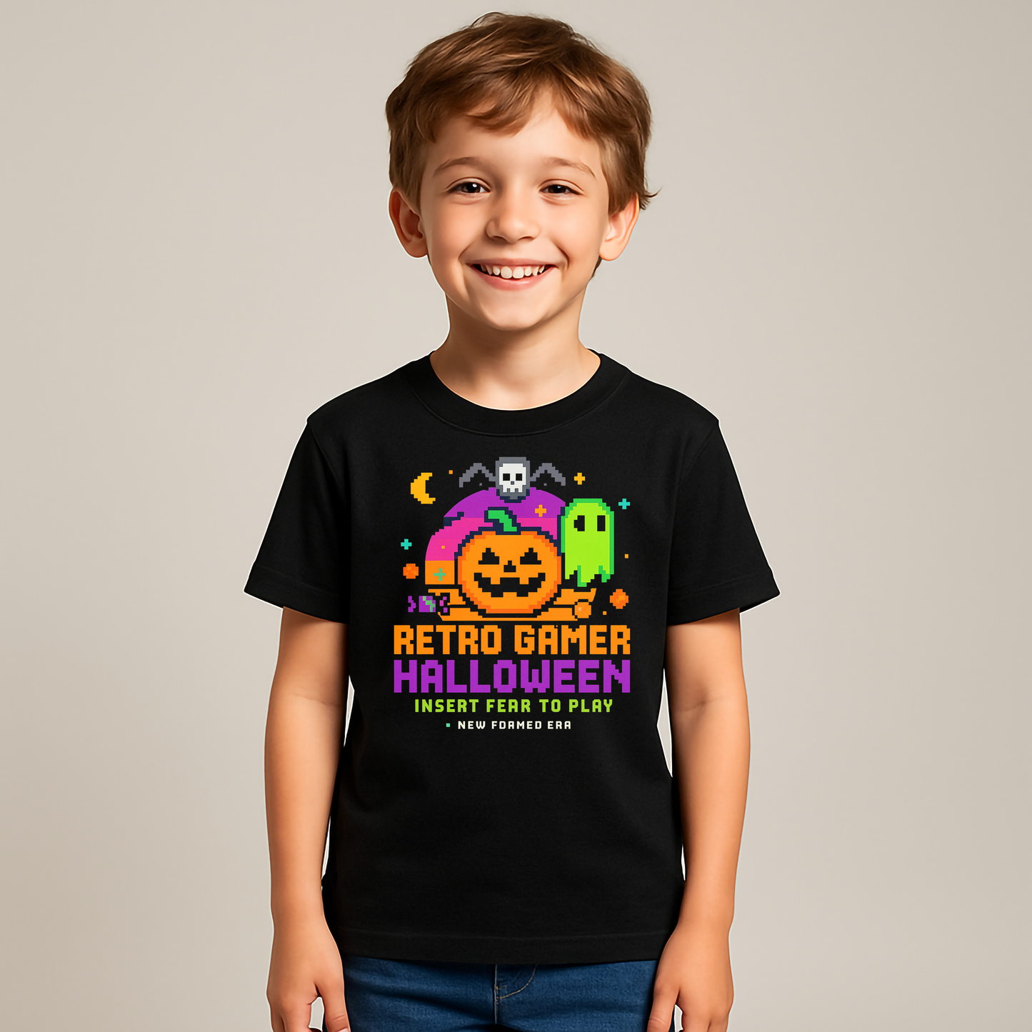Retro Gamer Halloween Kids T-Shirt by New Formed Era | Spooky Arcade Pixel Graphic Tee