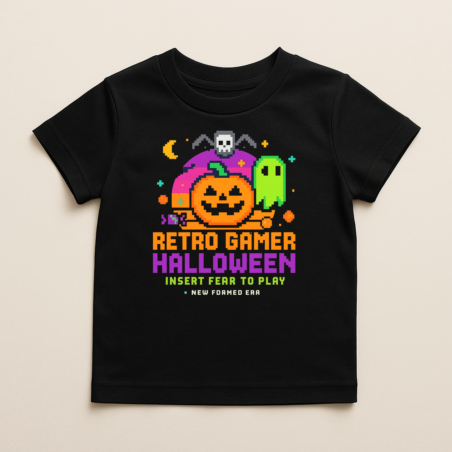 Retro Gamer Halloween Kids T-Shirt by New Formed Era | Spooky Arcade Pixel Graphic Tee
