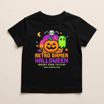 Retro Gamer Halloween Kids T-Shirt by New Formed Era | Spooky Arcade Pixel Graphic Tee