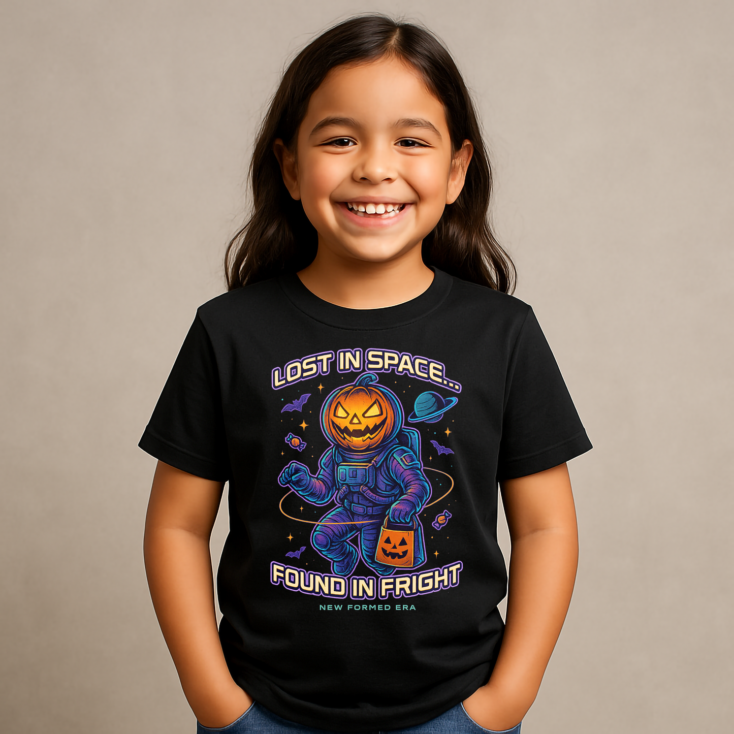 Lost in Space, Found in Fright Kids Halloween T-Shirt by New Formed Era | Spooky Astronaut Galaxy Tee