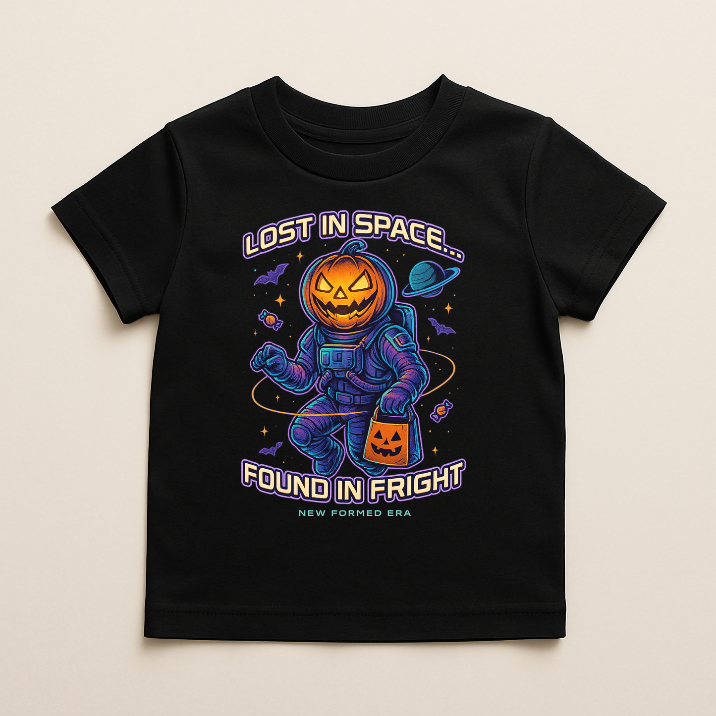 Lost in Space, Found in Fright Kids Halloween T-Shirt by New Formed Era | Spooky Astronaut Galaxy Tee