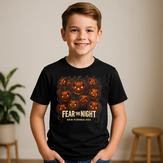 Fear the Night Kids Halloween T-Shirt by New Formed Era | Pumpkin Graphic Spooky Tee