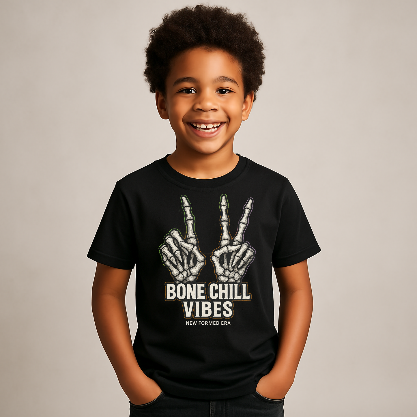 Bone Chill Vibes Kids Halloween T-Shirt by New Formed Era | Skeleton Graphic Spooky Tee