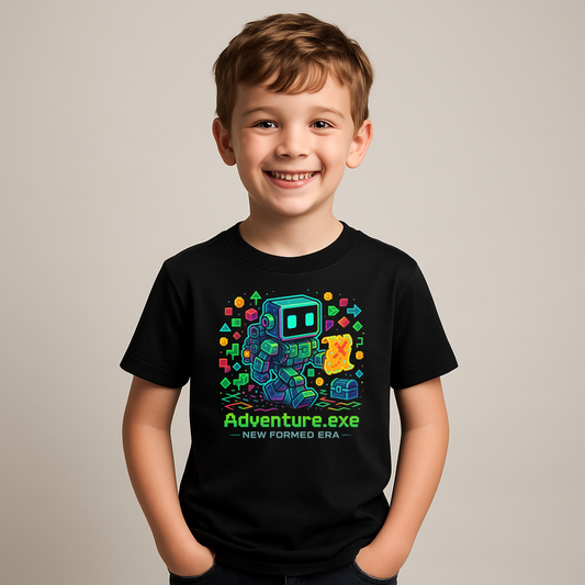 Neon Pixel Bot Adventure Kids T-Shirt by New Formed Era | Retro Gamer Robot Graphic Tee