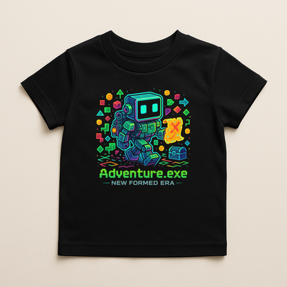 Neon Pixel Bot Adventure Kids T-Shirt by New Formed Era | Retro Gamer Robot Graphic Tee