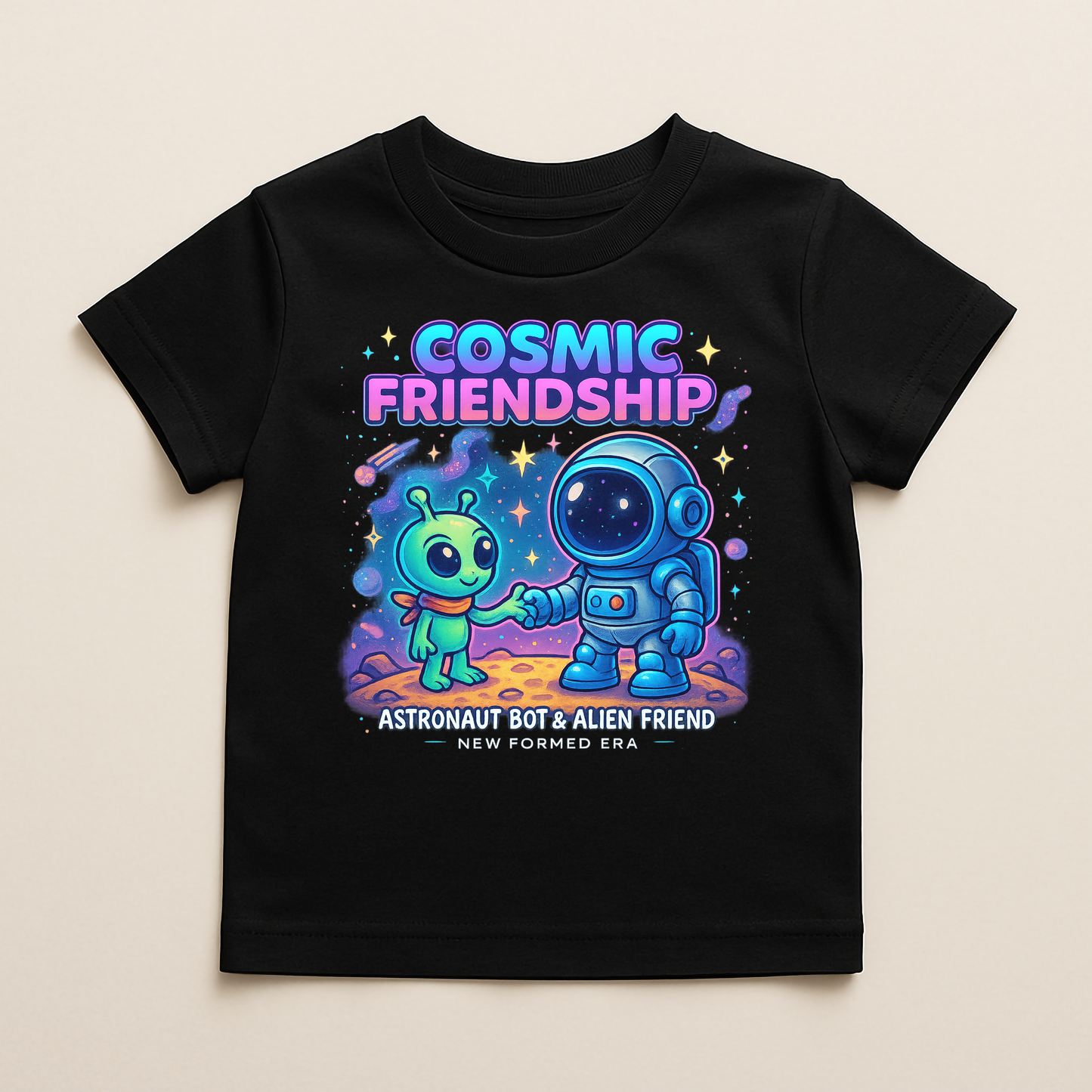 Cosmic Friendship Kids T-Shirt by New Formed Era | Cute Astronaut & Alien Space Graphic Tee