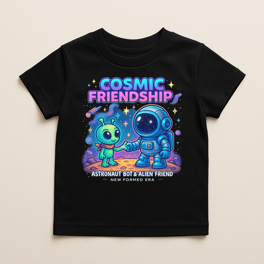 Cosmic Friendship Kids T-Shirt by New Formed Era | Cute Astronaut & Alien Space Graphic Tee