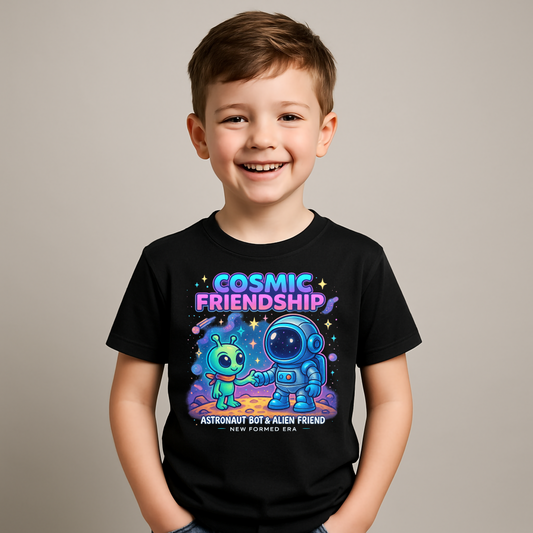 Cosmic Friendship Kids T-Shirt by New Formed Era | Cute Astronaut & Alien Space Graphic Tee