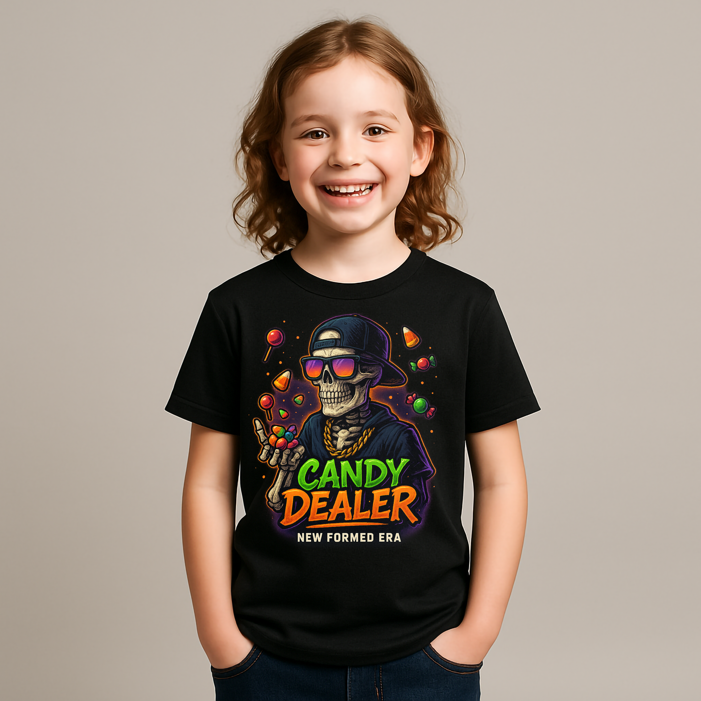 Candy Dealer – Skeleton Kids Halloween T-Shirt by New Formed Era | Funny Trick-or-Treat Tee