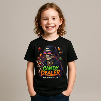 Candy Dealer – Skeleton Kids Halloween T-Shirt by New Formed Era | Funny Trick-or-Treat Tee