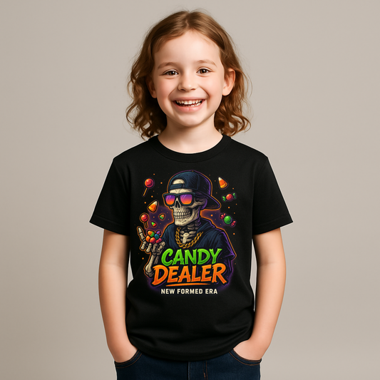 Candy Dealer – Skeleton Kids Halloween T-Shirt by New Formed Era | Funny Trick-or-Treat Tee
