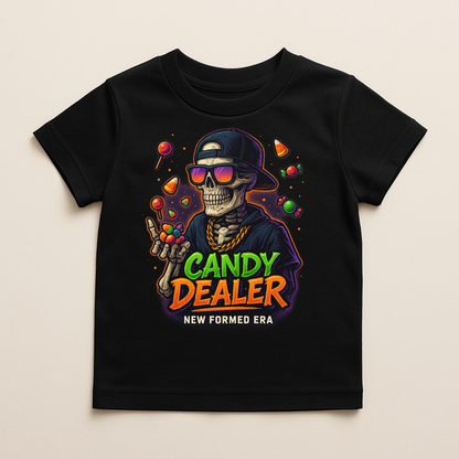 Candy Dealer – Skeleton Kids Halloween T-Shirt by New Formed Era | Funny Trick-or-Treat Tee
