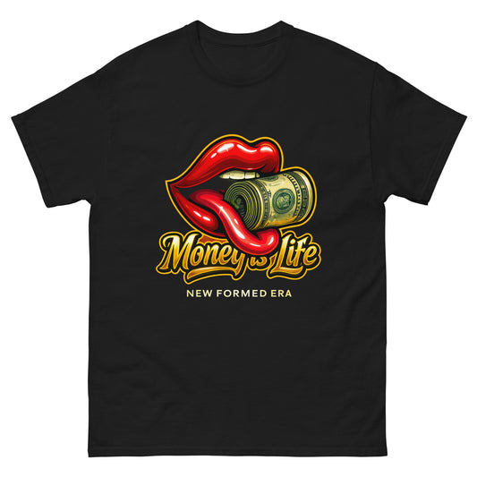 Luxury-inspired money collection t-shirt with glossy lips design