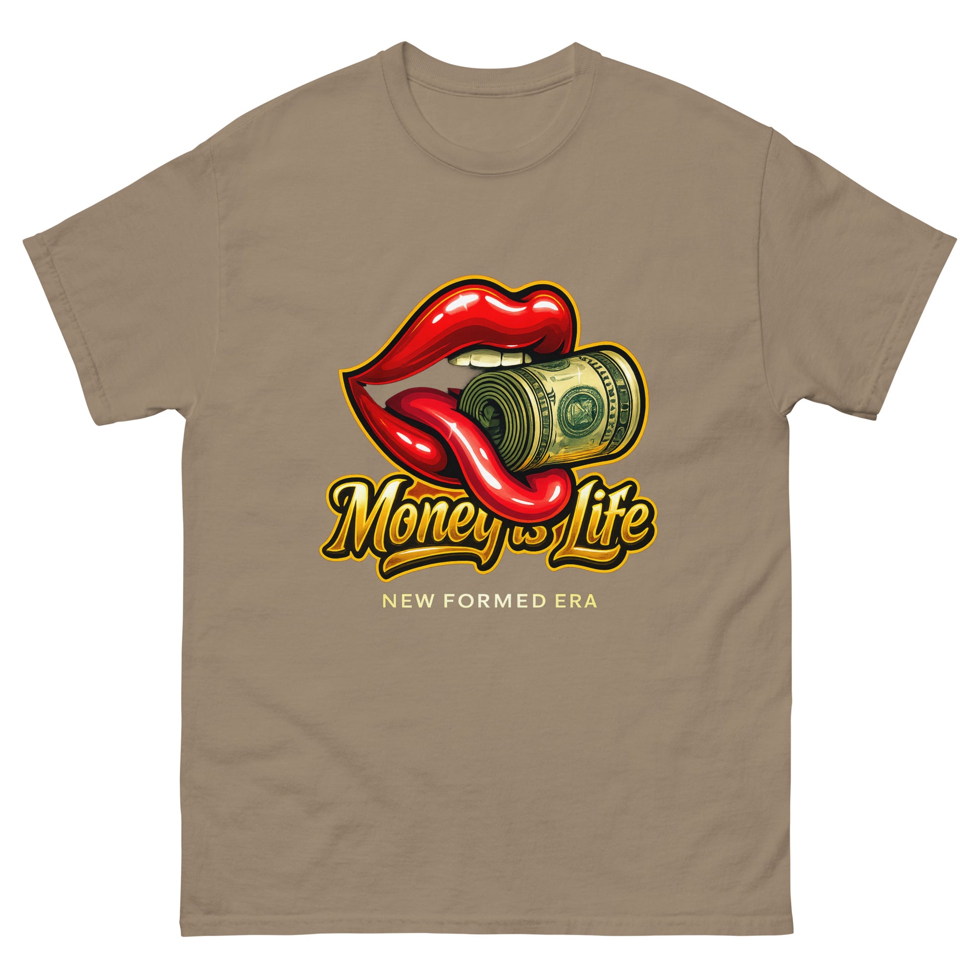 Luxury-inspired money collection t-shirt with glossy lips design