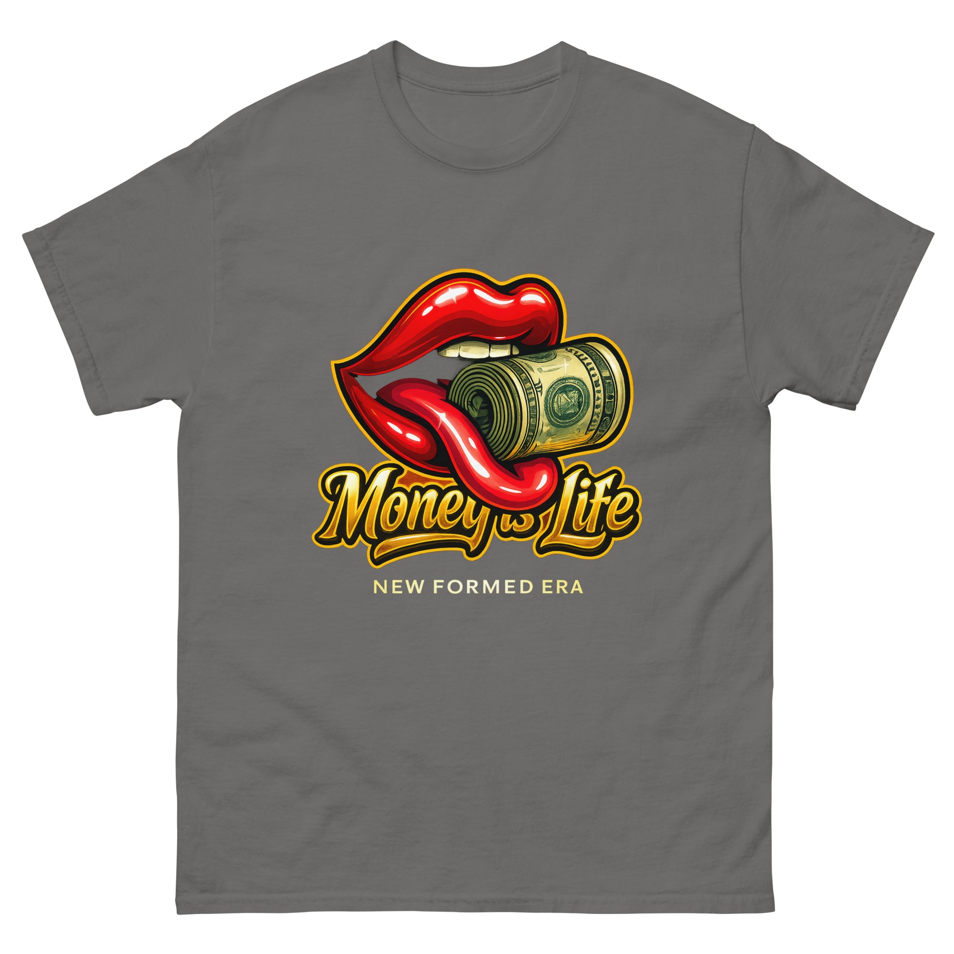 Luxury-inspired money collection t-shirt with glossy lips design