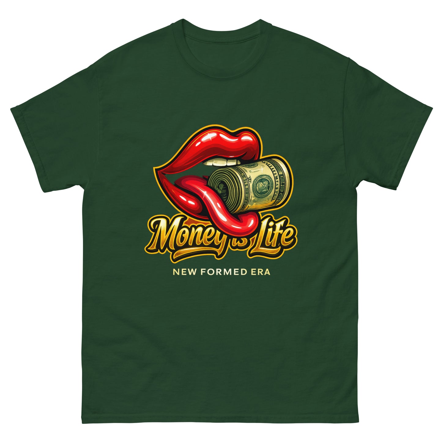 Luxury-inspired money collection t-shirt with glossy lips design