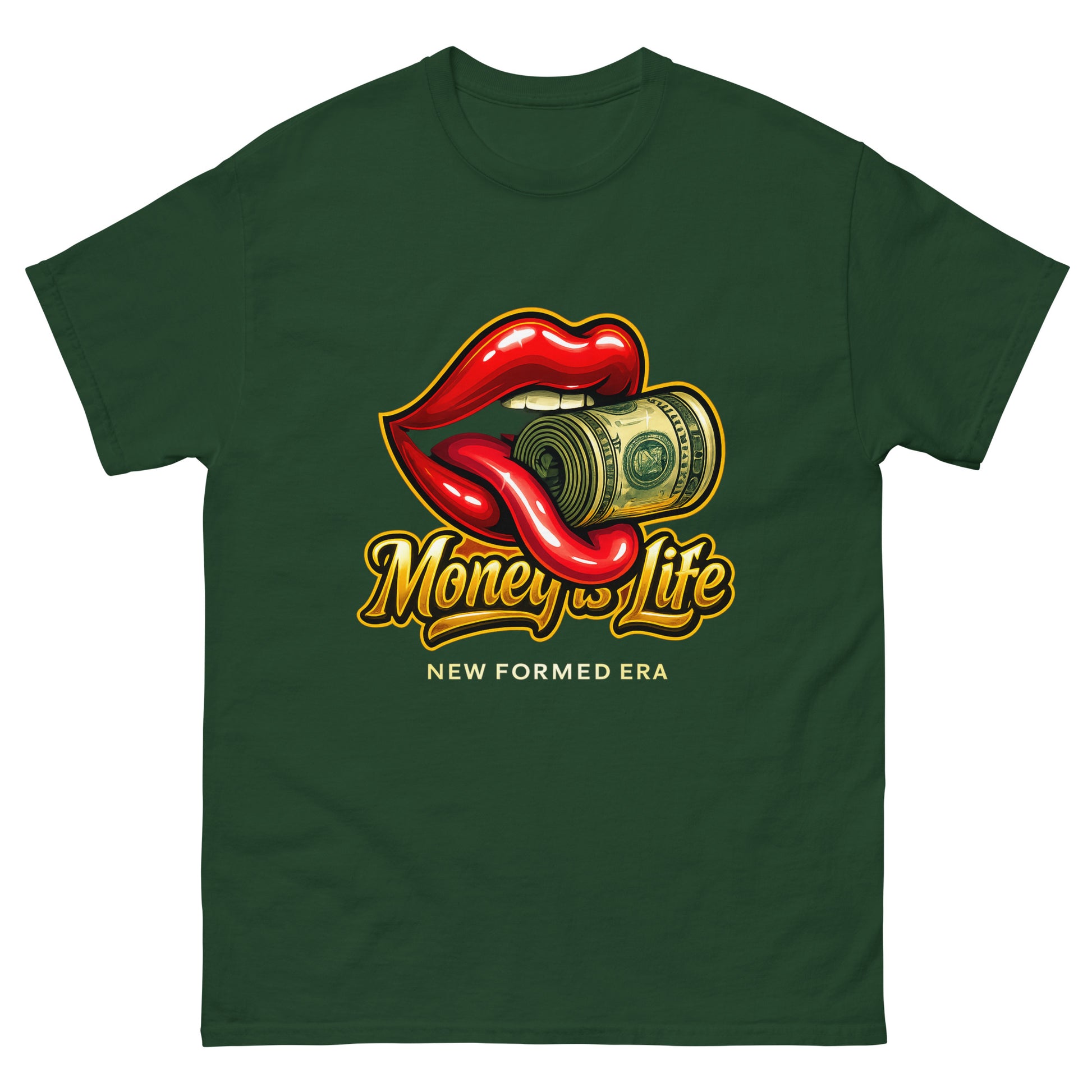Luxury-inspired money collection t-shirt with glossy lips design