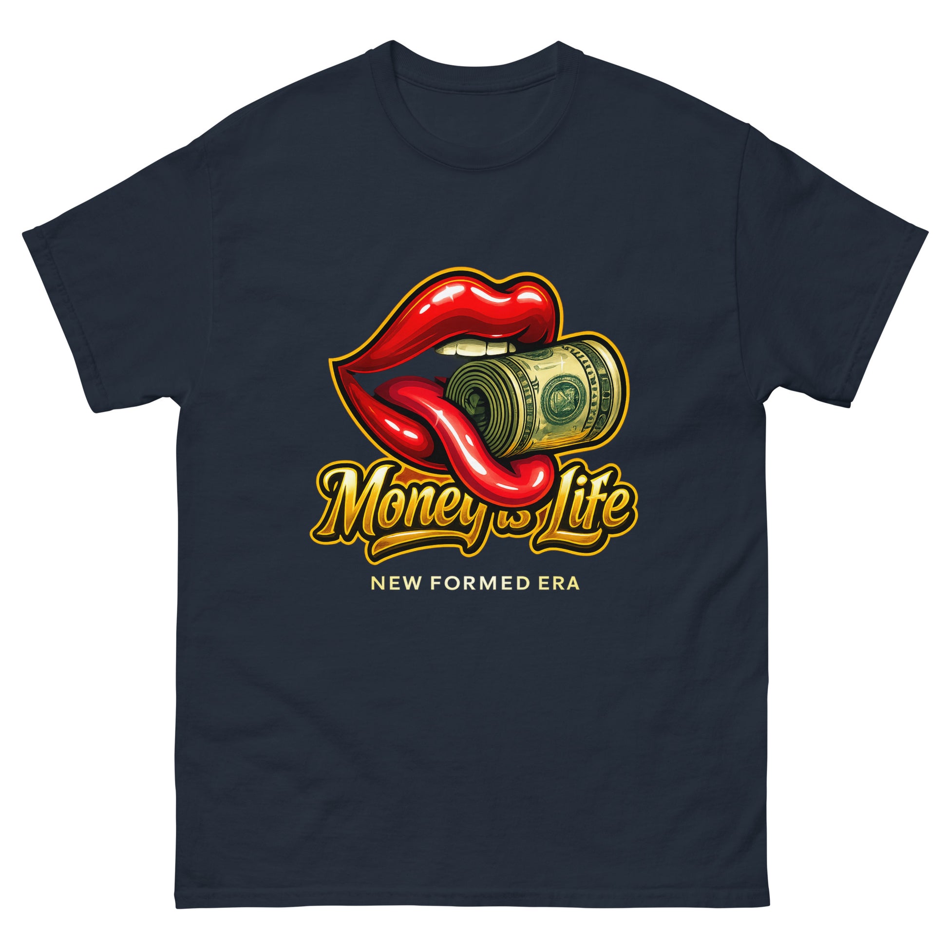 Luxury-inspired money collection t-shirt with glossy lips design